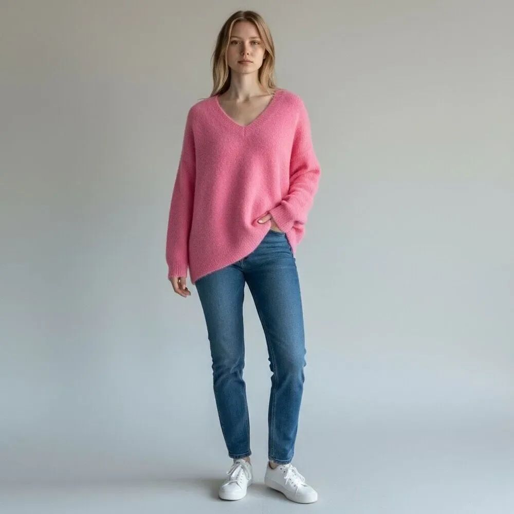 New York & Company Solid Pink V Neck Sweater Ultra Soft Long Sleeve Size XL